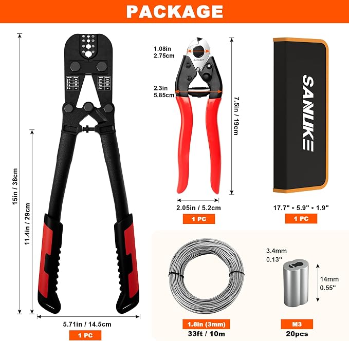 Sanuke Wire Rope Crimping Tool Kit, 33ft 1/8” Stainless Steel Cable and Cutter, Swagging Tool for Copper Aluminum Oval Sleeves, Double Sleeves