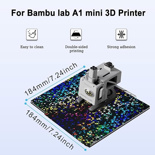 184x184mm PEF+PEY Holographic Build Plate for Bambu Lab A1 Mini, Rainbow Confetti PEF+Galaxy PEY Spring Steel Plate Print Bed for Bambu Labs 3D Printer