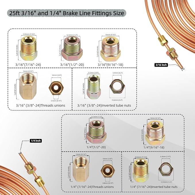 Wostore 25 FT 3/16"+1/4" Copper Coated Brake Line Kit with 44 Brass Fittings & Double/Single Flaring Tool Kit, Complete Brake Line Repair Solution for Cars, Trucks, Motorcycles