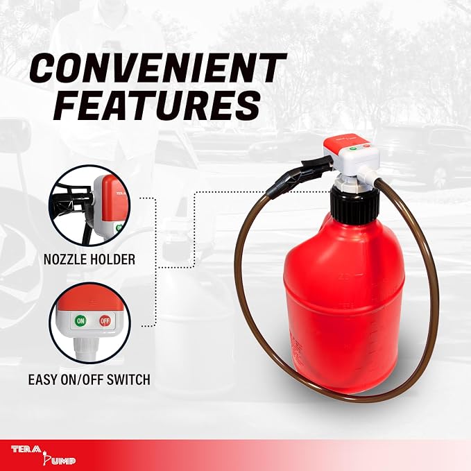TERA PUMP TRFA01-XL 2nd Gen. Battery Powered Overfill Protection Fuel Transfer Pump w/Universal Gas Can & Utility Jug Adapter, 4.27ft Vinyl Hose, 2.5 GPM for Gas Diesel E15 E85 Fuels | Overfill Protection, Universal Gas Can & Utility Jug Adapter, 4.25f...