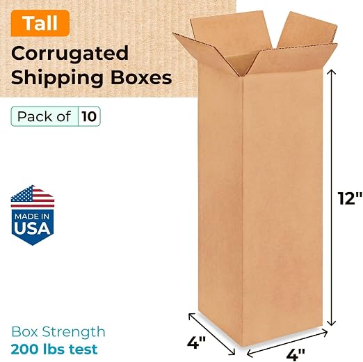 Tall Moving & Shipping Boxes 4x4x12 inches (10-Pack) - Extra Strength 200 lb vs Regular - USA-Made Corrugated Moving Boxes for USPS/UPS/FEDEX - Cardboard Box - Eco Shipping Box by IDL Packaging