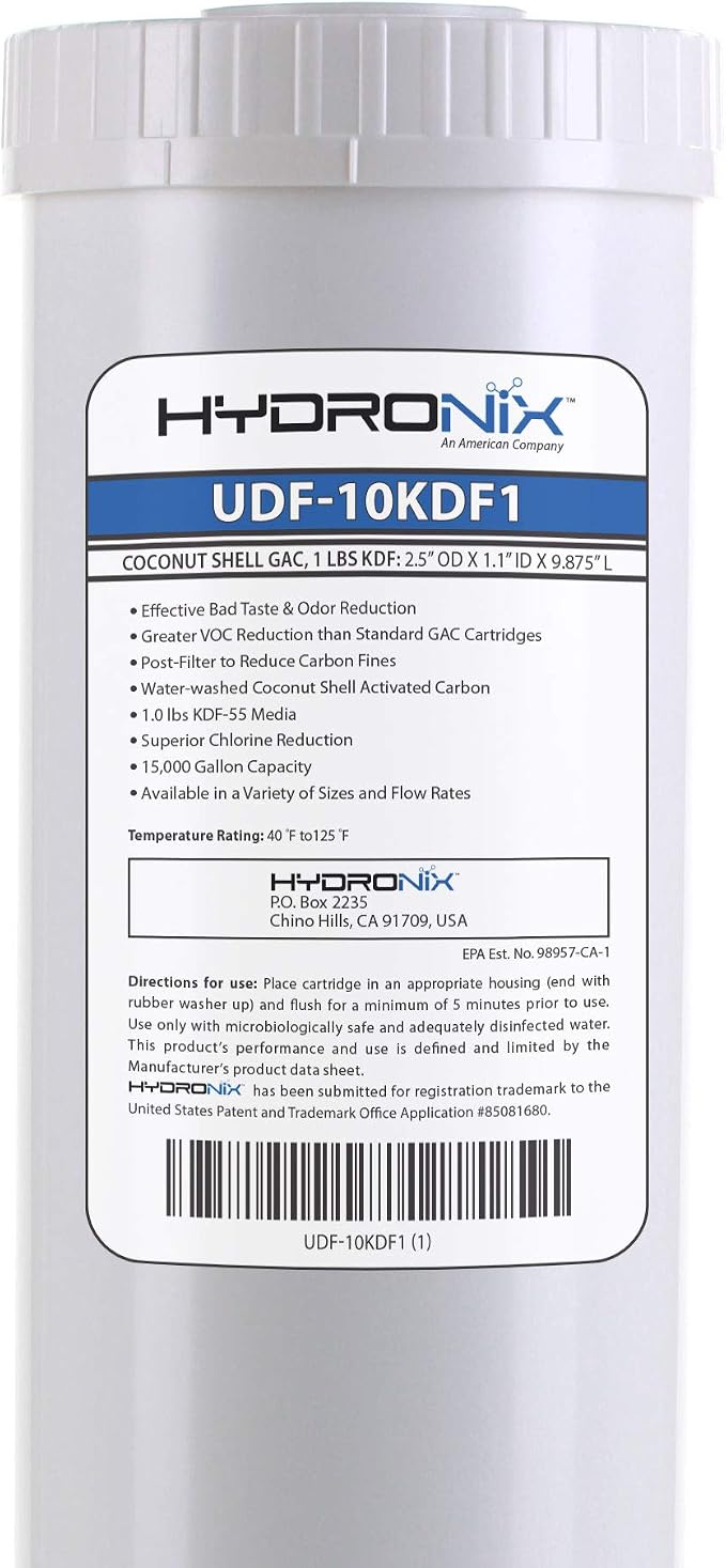 Hydronix UDF-10KDF.5 Chlorine, CTO, Heavy Metals, Bacteria & Scale Reduction Water Filter with 1/2 lb KDF, 2.5" x 10" (1 lb. KDF Media)