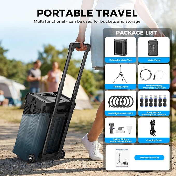 Portable Misting System with 15L Rolling Bucket, 10000mAh Battery Powered Standing Mister for Outside Patio, 4.2FT Adjustable Height Mobile Cooling Set for Beach, Camping, Picnic, Sports- Black