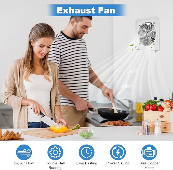 6-inch wall-mounted kitchen metal exhaust fan with switch, 382-576CFM, portable installation, with return air valve, suitable for attic, garage, bathroom, office, basement ventilation, White