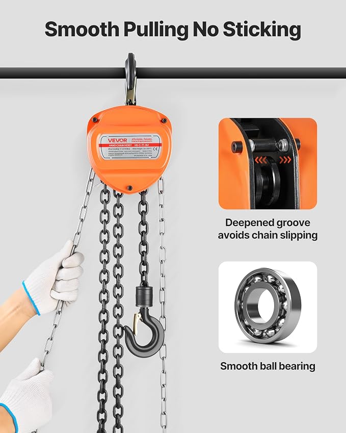 VEVOR Hand Chain Hoist, 1 Ton 2200 lbs Capacity, Manual Chain Block with Upgrade G80 Galvanized Chain, 10 ft Lifting Height, Heavy Duty Pulley Hoist for Garage Warehouse Automotive Machinery, Orange