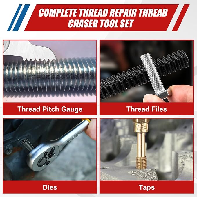 61Pcs Thread Repair Kit, UNC, UNF & Metric Thread Chaser Set, Rethread Repair Tool with Taps Dies Thread Files and Thread Pitch Gauge for Repair or Reshape Damaged Threads Bolts, Nuts and Screws