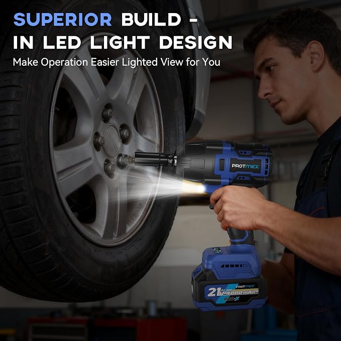 Protmex 900Ft-lbs (1200N.m) Impact Wrench, 1/2" Cordless Impact Gun, 21V High Torque Brushless Impact Driver, 2x4.0Ah Batteries Electric Impact Motor Variable Speeds for Car/Pickup Truck/Mower, Blue