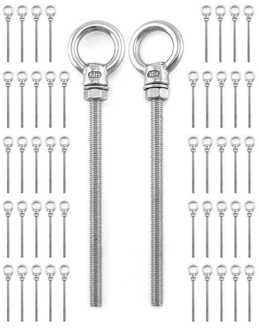 QWORK Threaded Eyebolts, 50 Pack 1/4" x 4" Long Stainless Steel Marine Grade Shoulder Eye Bolt M6