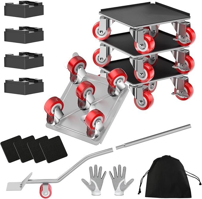 LOYAL TIGER 2000LBS Heavy Duty Furniture Dolly Movers Set with Lifter, 5-Wheel Carbon Steel Moving Rollers with Locking Casters for Refrigerator, Washer, Sofa & Cabinet(6.4 Inch, Silvery)