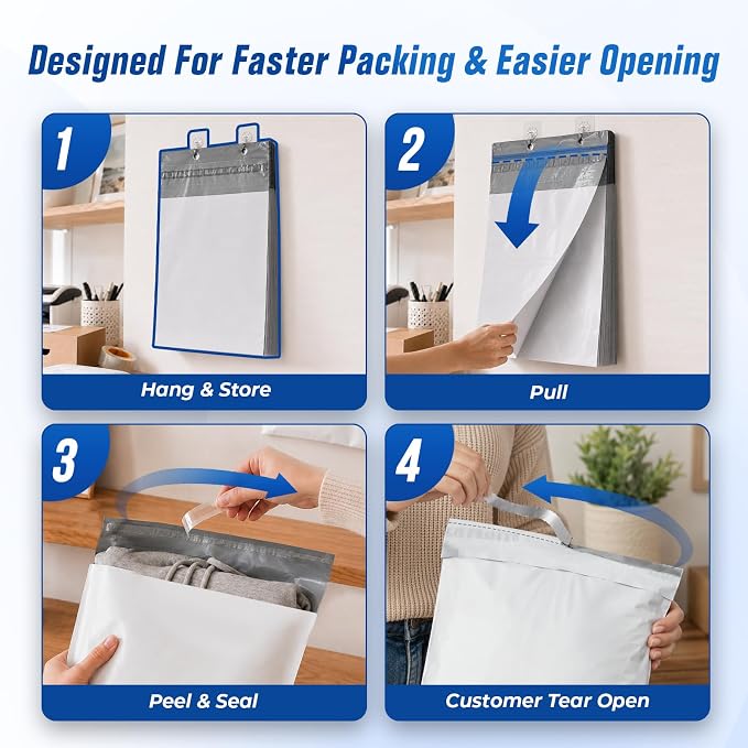 Fuxury Poly Mailers 12x15.5 300PC (Upgraded Version) Shipping Bags for Clothing with Easy-Open Tear Strip & Hangable for Easy Use, Self-Seal Shipping Envelopes Mailing Bags for Small Business in White