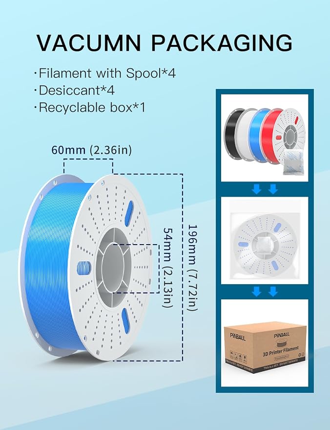 PINBALL PETG 3D Printer Filament 1.75mm High Precision Durable Strong Filament Mith Better Flow Dimensional Accuracy +/- 0.02mm Suitable for Most FDM 3D Printers 4 Kilograms Black,White,Blue,Red
