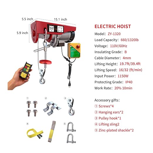 1320lbs Wireless Electric Hoist, 110V Electric Steel Wire Winch with Wireless Remote Control, 40ft Single Cable Lifting Height, Lift Hoist for Factories Warehouses Construction Site Attic