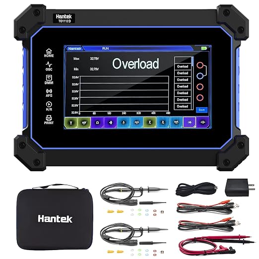Hantek Tablet Oscilloscope 2CH Digital Storage Oscilloscope Built-in Waveform Generator and Multimeter with 7" TFT Touch Screen(TO1112D/110MHz)