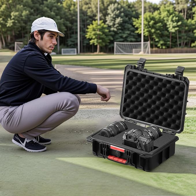 VEVOR Weatherproof Hard Case, Heavy Duty Protective Dry Box with Pre-cut Foam, Retractable Pull Handles for Travel, Hunting, Military, Tactical, IP67 Waterproof Case for Cameras(14.96x11.81x5.51)