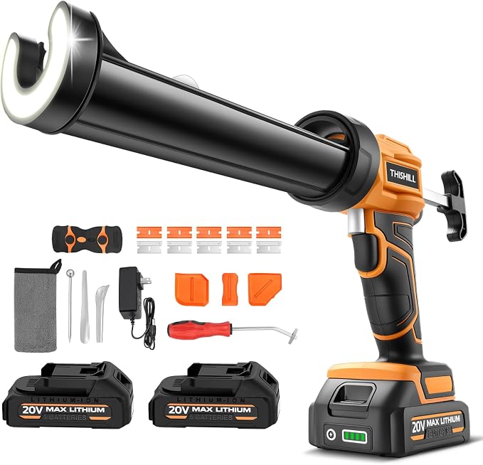 This Hill Cordless Electric Caulk Gun, 10oz Dripless Silicone Hand Caulking Gun with 2 x 2000mAh Batteries, 4 Adjustable Speeds, Built-in LED Light, 9Pcs Caulking Tool Kit for Sealing Filling