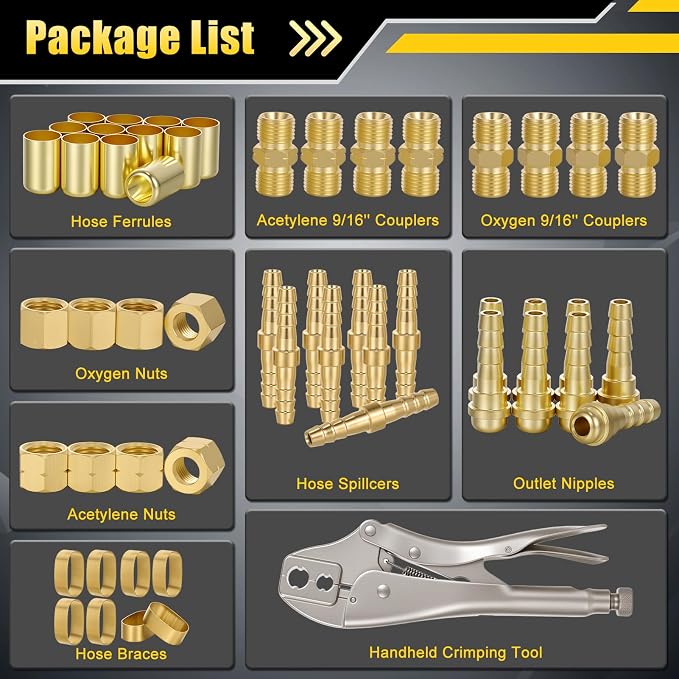 Welding Hose Repair Installation Kit, 49Pcs Brass Hose Repair Assembly Kit for 3/16 to 1/4in ID with B Size 9/16in Brass Nut Barbed Fittings Crimper Storage Box