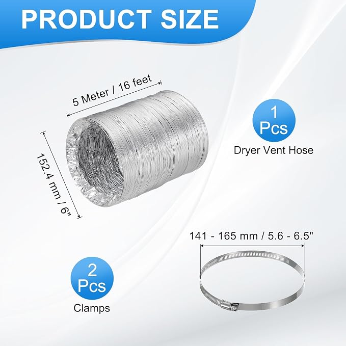 PATIKIL 16 Feet Dryer Vent Hose, 6 Inch Diameter Flexible Aluminum Ducting Flex Air Ducting Dryer Vent 2 Clamps Included for Heating Ventilation Air Conditioning, Silver