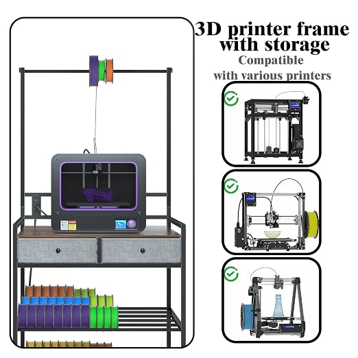 DALEMHOME 3D Printer Stand with Storage, 3D Printer Table with Power Outlet & Filament Rack, Heavy Duty Metal Workstation with Drawers for 3D Printing, Rustic Brown, 31.5" L x 23.6" W x 63" H