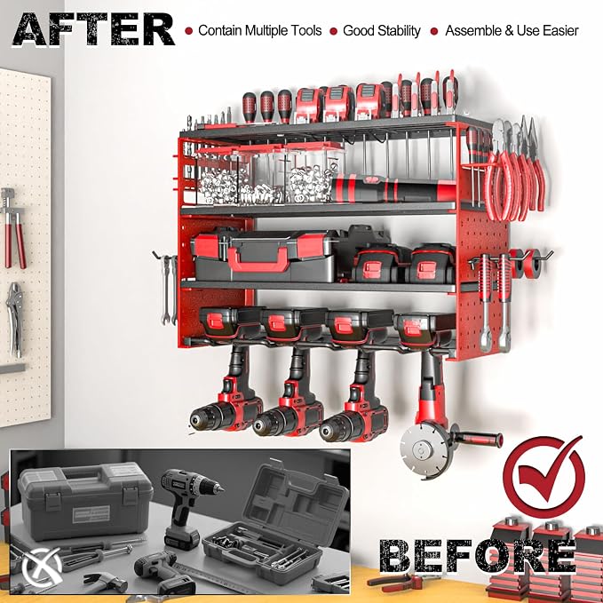 Power Tool Organizer Wall Mount, Cordless Drill Hanger Storage Rack 8 Drill Holder, 4 Layer Heavy Metal Large Capacity Tool Rack for Garage Organization (Red, 4 Drills Holder)