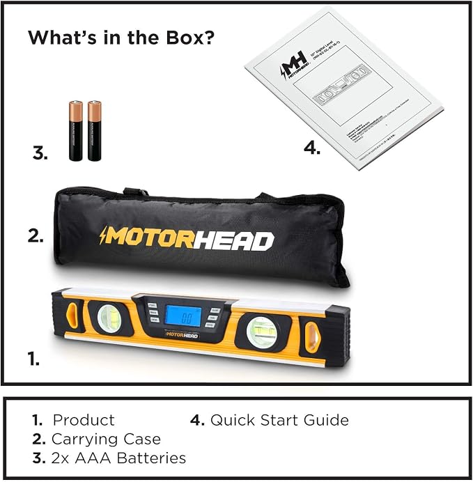 MOTORHEAD 16-Inch 0° - 180° SMART DIGITAL Level, LCD Screen, Audible Alerts, Water, Dust & Shock Resistant, Magnetic Bottom, Includes Bag, High-Visibility, Solid-Milled Aluminum, USA-Based Support | Audible Alerts, Water Dust & Shock Resistant, High-Vi...