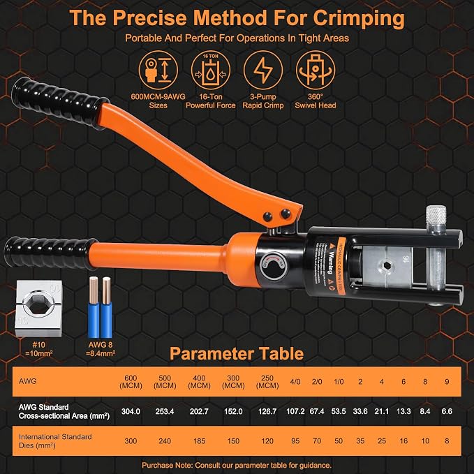 Brileine 16 Ton Hydraulic Crimping Tool, Professional Battery Cable Crimper with 13 Die Sets, 9AWG to 600MCM Cable Crimping Tool (Triple-Stroke Fast Hydraulic Crimper)