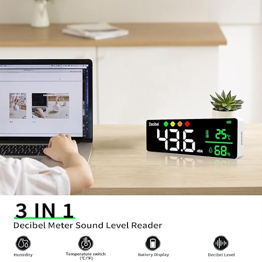 Decibel Meter Wall Hanging Sound Level Meter, 11in Large LED Display +Time + Humidity + Temperature; 4 in 1 Decibel Meter 30-130dB Rang DB Meter & SPL Meter Wide Applications for Home