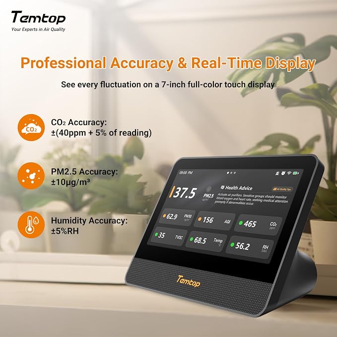 Temtop WiFi Air Quality Monitor M100 2nd Gen, 7 Inch Touchscreen CO2 Detector & Air Quality Tester for PM2.5 PM10 TVOC Temperature Humidity, Air Analyzer for Home Office with LoRa Extension