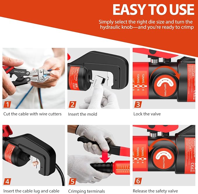 GETLITOOL 8-Ton Hydraulic Crimping Tool Kit with 9 Dies & Wire Cutter, Heavy-Duty Hydraulic Crimper for Battery Cables, Lugs, and Terminals for Electrical, Solar, and Automotive Applications