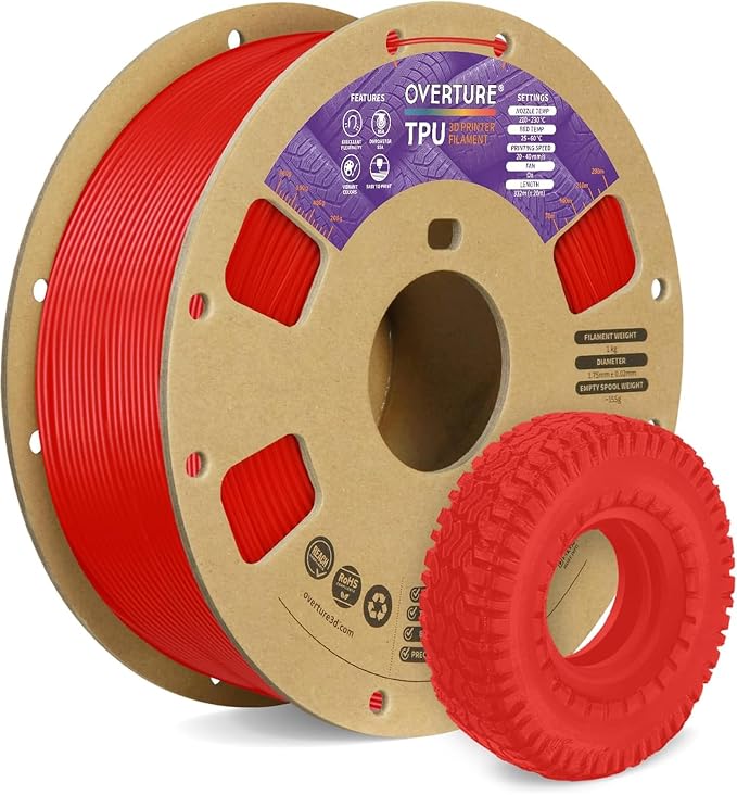 OVERTURE TPU 95A Flexible 3D Printer Filament 1.75mm | High Elasticity & Durability Filament,1kg Spool(2.2lbs),Fit Most FDM Printer(TPU Red)