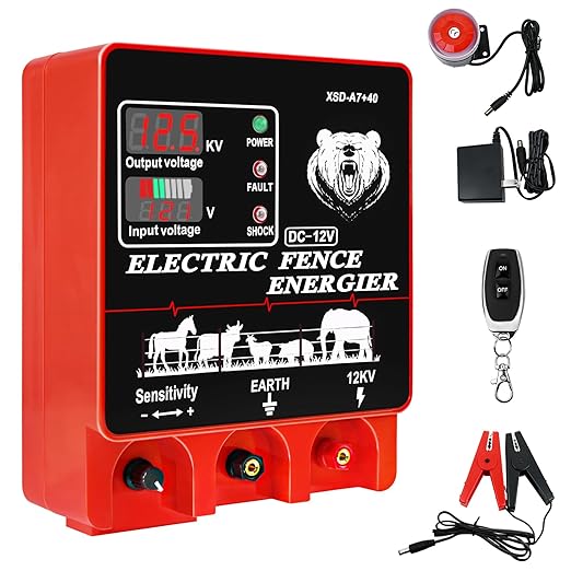 9J Electric Fence Charger Energizer, 9 Joules 20 Miles Plug-in Fencer, AC 110-240V/DC 12V, 12KV High Output Voltage, with Display Alarm and Remote, Deter Predators, Contain Cattle Horses and Livestock