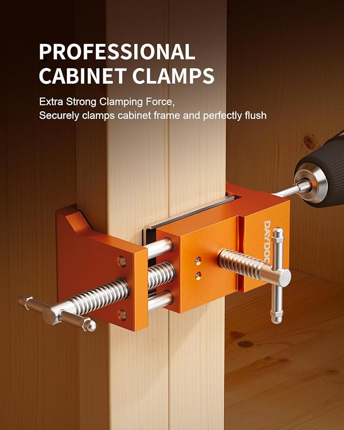 DAYDOOR Professional Cabinet Installation Clamps 2 Pack, Heavy Duty Face Frame Alignment Tool with Integrated Drill Guide & EVA Protection, Woodworking Claw Clamps, Orange