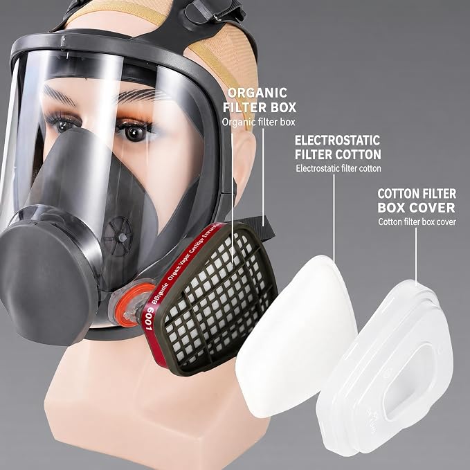 Full Face Respirator Mask with Dual Filter Cartridges - Reusable Silicone Gas Mask with Anti-Fog Visor, Replaceable Filters & Accessories for Painting, Chemical Work, Sanding