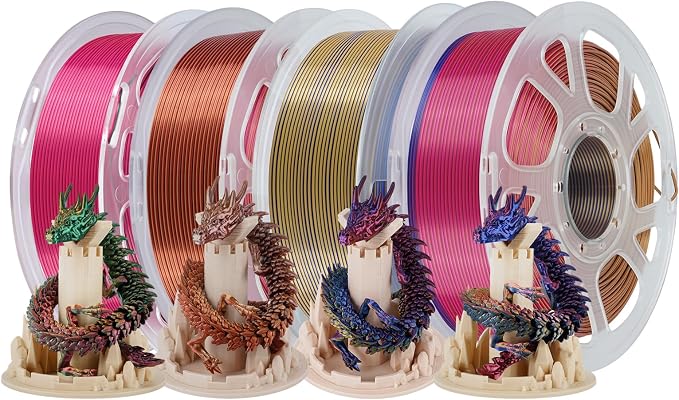 Kingroon Silk PLA Filament, Tri Color Silk PLA Filament, Multicolor 3D Printer Filament 1.75 mm, Dimensional Accuracy +/- 0.03 mm, 4kg Spool(8.8lbs) 4 Rolls, 4 Different Tri Color Filaments