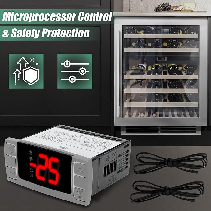 32-bit Enhanced XR06CX-4AAGILS Temperature Controller, Replaces Dixell XR06CX for 110-125V 50-60Hz Commercial Fridges/Freezers, Programmable Digital Thermostat, Voltage Protection & Reset, Red Screen
