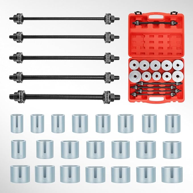 DNA Motoring 27pcs Universal Press and Pull Sleeve Kit, Wheel Bearing/Suspension Bushing Removal Tool Set w/ 22 Adapters (34-80mm ID) & M10-M18 Press Spindles, TOOLS-00783