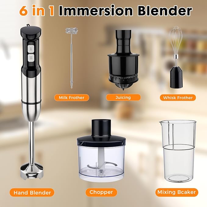 Immersion Blender Handheld Cordless 6 in 1 Hand Held Blenders Mixer Stainless Steel 25 Speed Turbo Mode Electric Sitck Beaker Chopper Milk Frother Grinder