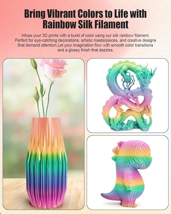 PLA 3D Printer Filament, 1.75 mm ±0.02 mm Dimensional Accuracy, 1 kg Spool(2.2lbs), Easy to Print, Low Warping, Upgrade PLA Material for Most FDM Printers (Rainbow)