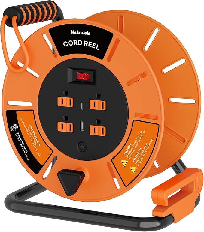 24W LED Work Light and Extension Cord Storage Reel with 4-Grounded Outlet & 2 USB Port Bundle, for Garage, Workshop, Car Repair Scene Y05WL06-G85CR06