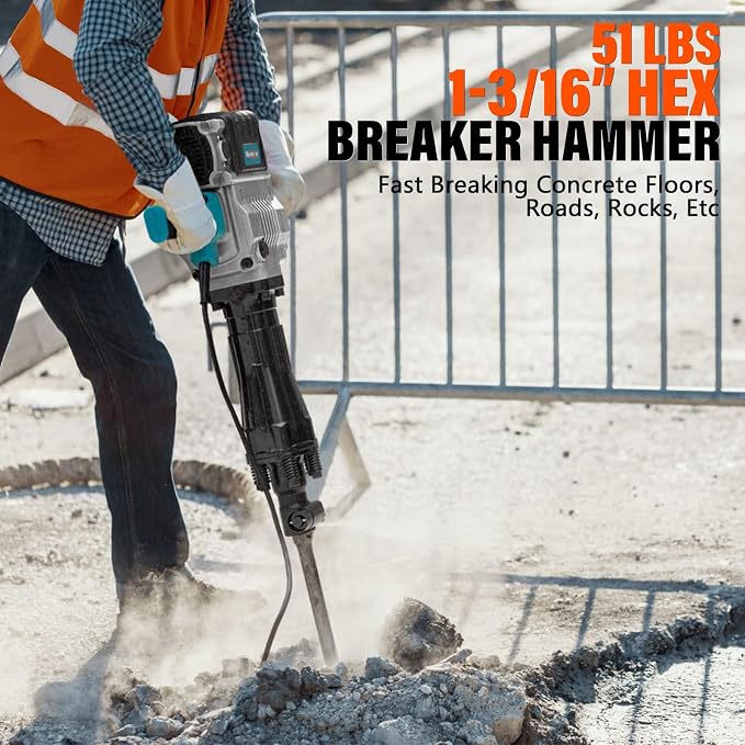 Berserker 2100W 50-Pound Demolition Jack Hammer 125K with 1-3/16" Hex,17Amp | Full-Size Heavy duty Corded Electric Concrete/Pavement Breaker with Wheeled Carrying Case, Flat Chisel, Bull Point Chisel
