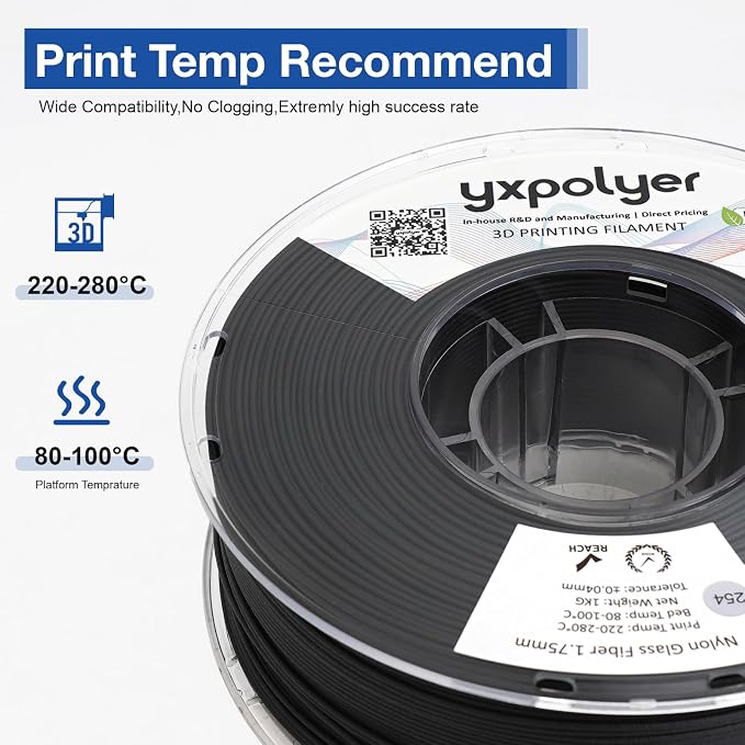 YXPOLYER Nylon Glass Filled Filament Black Nylon Glass Fiber 3D Printer Filament PA6-GF 1kg with Reusable PC Spool