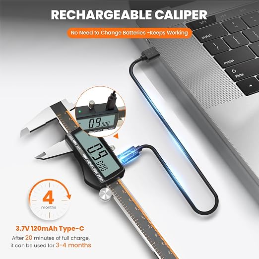HARDELL Digital Caliper, Rechargeable 0-8 Inch Calipers Measuring Tool with Large LCD Screen, Inch/MM/Fraction, Stainless Steel, Auto-Off, Vernier Caliper Digital Micrometer for DIY