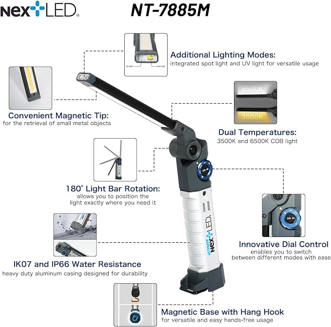NextLED NT-7885M Ultimate Folding 1500 Lumen Multi-Function LED Rechargeable Work Light with CRI 95 Rating, Dual Color Temperatures, for Auto Detailing, Color Match, Mechanic Repair, HVAC Inspection