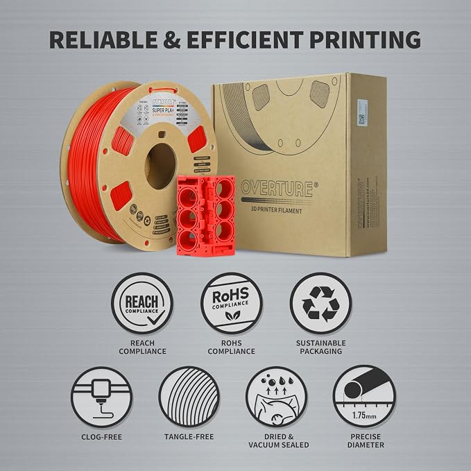 OVERTURE Super PLA+ Filament 1.75mm, Toughness Enhanced PLA Plus, Professional Toughness 3D Printer Filament 1kg (2.2lbs), High Precision +/- 0.02mm (Red)