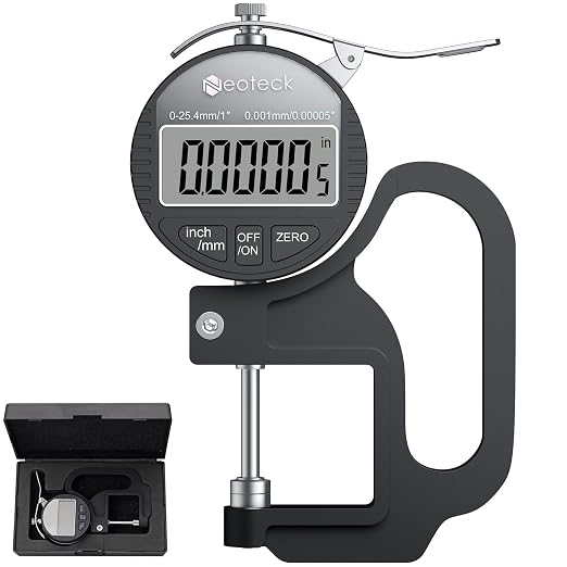 Neoteck Digital Thickness Gauge 1inch/25.4mm,0.00005inch/0.001mm LCD Display with Inch/MM Conversion One-Hand Quick Press Thickness Measuring Tool for Leather Paper Fabric Film etc.-Silver-Black
