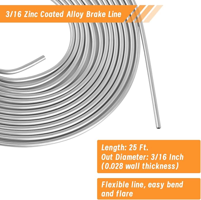 MuHize 25FT 3/16 Inch Brake Line Flaring Tool Kit | Zinc Coated Alloy Brake Line with 16 Fittings & 4 Unions, Includes Double & Single Flaring Tool and Tube Cutter