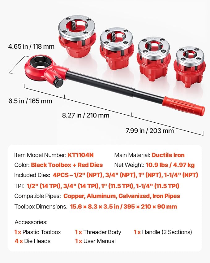 VEVOR Ratchet Pipe Threader Kit with 4 Dies, 1/2" NPT, 3/4" NPT, 1" NPT, 1-1/4" NPT Manual Ratcheting Pipe Threading Tool, Portable Pipes Threader Set with Toolbox for Plumbing Installation & Repair