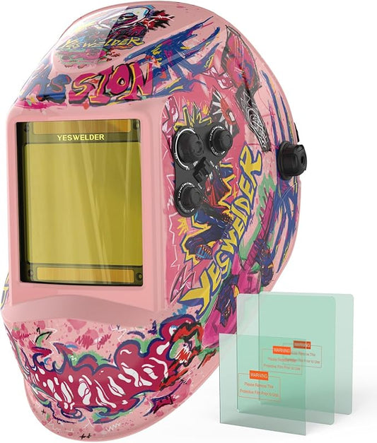 YESWELDER Large View Auto Darkening Welding Helmet, Blue Light Blocking, 1/1/1/1 True Color Solar Powered Welder Hood Mask with 4 Arc Sensors, Wide Shade 3/5-9/9-13 for TIG MIG ARC Cut and Grind