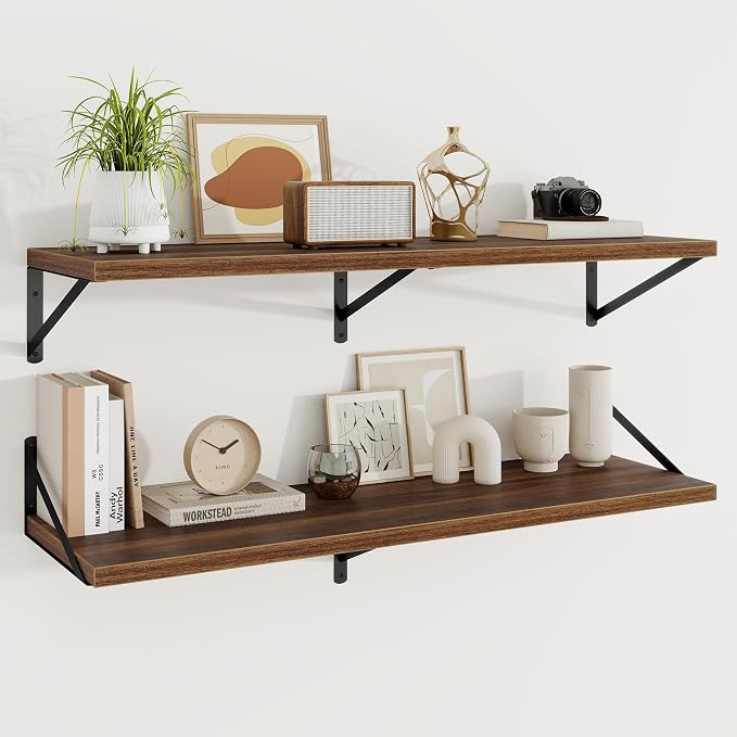 Floating Shelves 12 Inch Deep, 48W x 12D Wall Shelf Set of 2, 70 lbs Heavy Duty Reversible Metal Brackets, Deep Industrial Book Shelf for Living Room Kitchen Bath Bedroom Coffee Bar, Walnut
