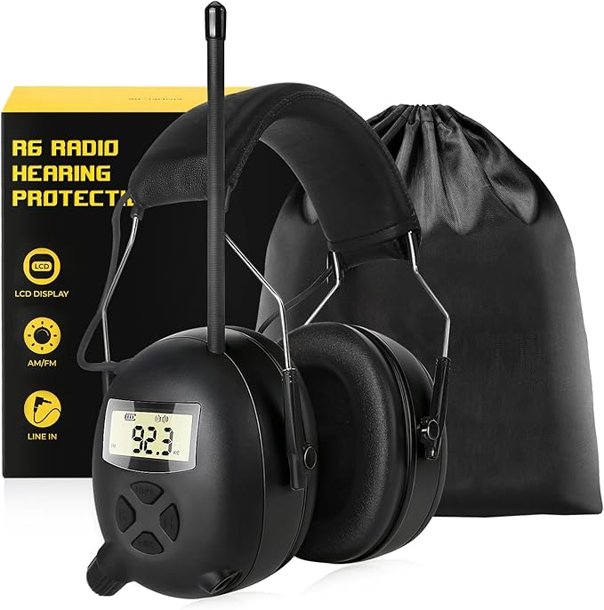 BJKing AM/FM Radio Headphones with Digital Display, 30dB AM FM Hearing Protection Safety Ear Muff, Ear Protection Headphone for Mowing, Landscaping, Shooting and Construction-Black