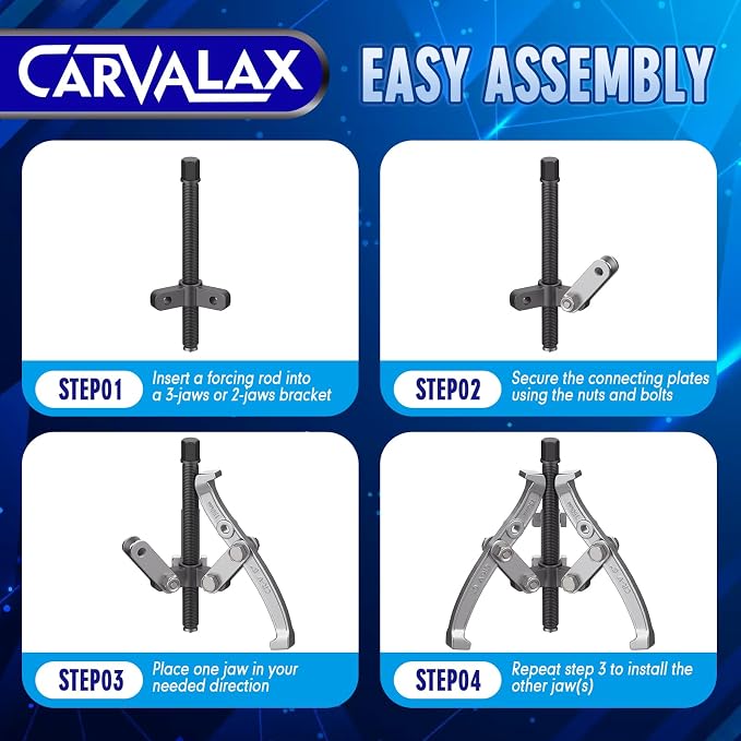CARVALAX Gear Puller Set, Reversible 2 & 3-Jaw Puller Set, CR-V Steel 3" 4" 6" 8" Bearing Puller Kit (24pc) for Gear, Bearing, Pulley and Flywheel, Puller Tool with Black Carry Box